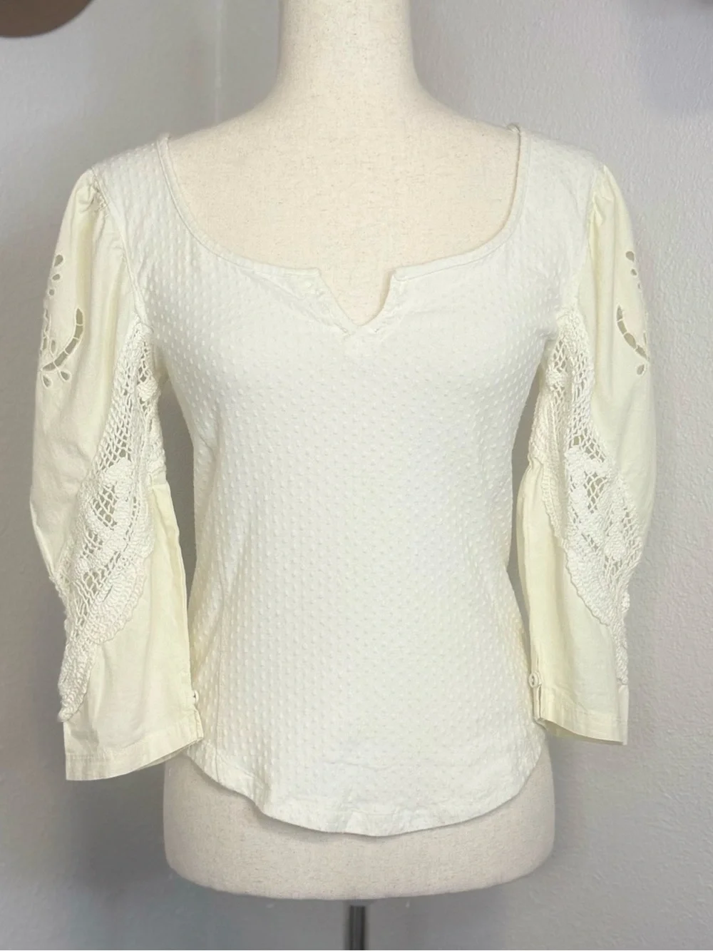 NWOT Free People Cream/Ivory Crochet Sleeve Top Medium Brunch Date